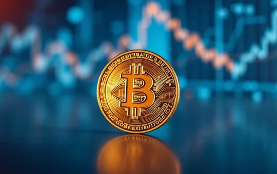 Bitcoin coin centered on a dark surface with blurred blockchain network background, representing on-chain analysis.