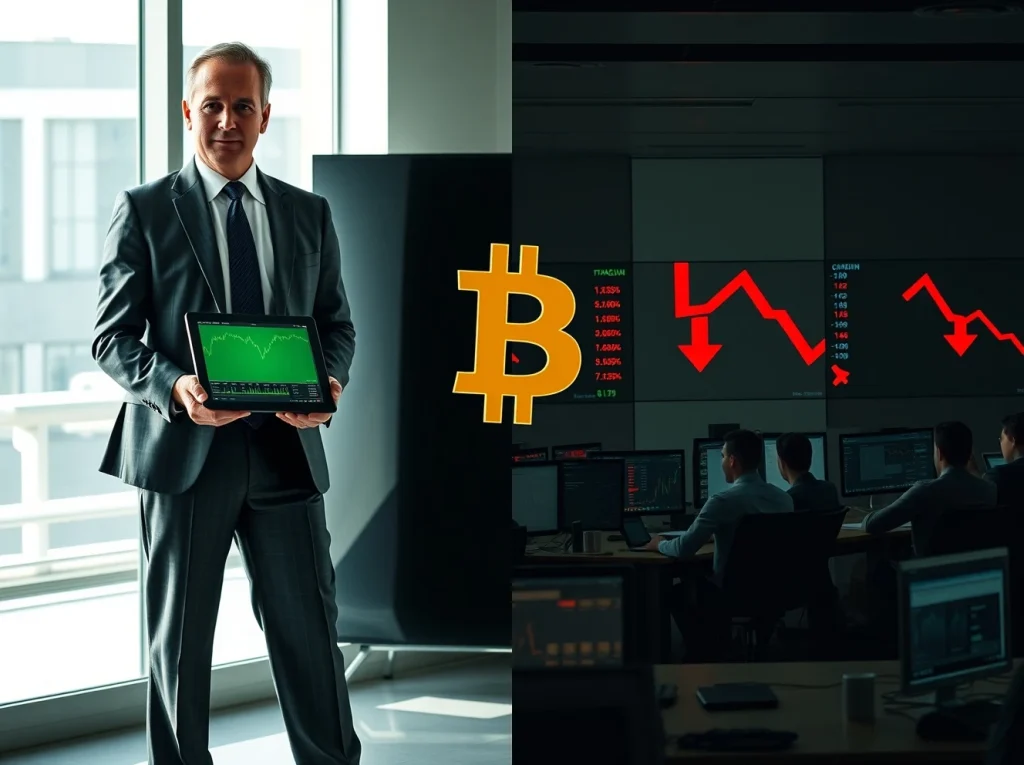 Institutional investor calmly holding tablet with Bitcoin chart contrasted with retail traders selling in a dim trading room