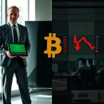 Institutional investor calmly holding tablet with Bitcoin chart contrasted with retail traders selling in a dim trading room