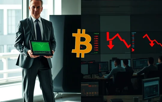 Institutional investor calmly holding tablet with Bitcoin chart contrasted with retail traders selling in a dim trading room