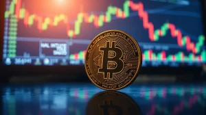 Bitcoin coin on reflective surface with blurred trading charts in background, representing market euphoria and potential correction.