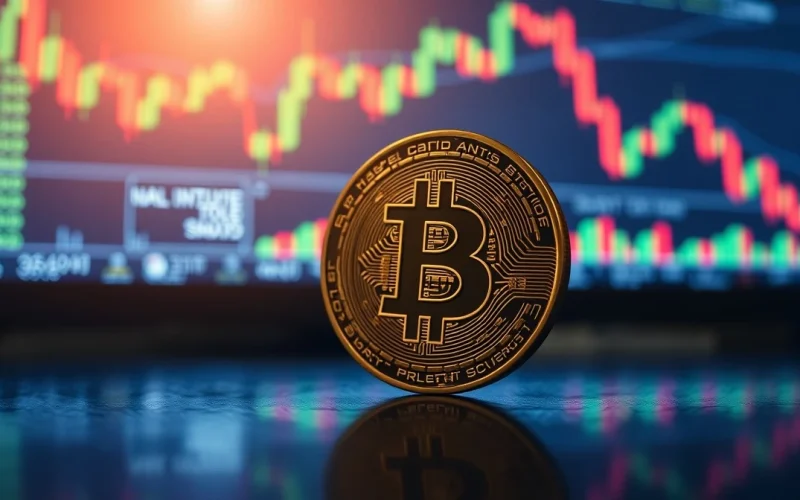 Bitcoin coin on reflective surface with blurred trading charts in background, representing market euphoria and potential correction.