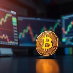 Bitcoin coin on a trading desk with monitor charts in background, representing market analysis