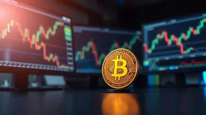 Bitcoin coin on a trading desk with monitor charts in background, representing market analysis