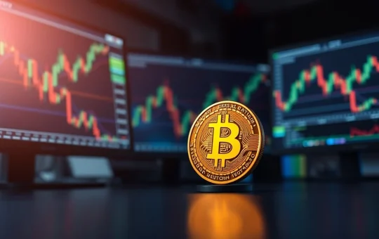 Bitcoin coin on a trading desk with monitor charts in background, representing market analysis