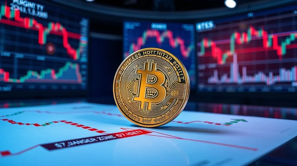 Bitcoin coin on a technical chart showing resistance and $77K danger zone