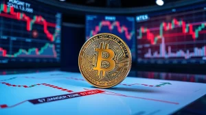 Bitcoin coin on a technical chart showing resistance and $77K danger zone