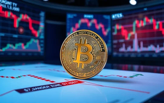 Bitcoin coin on a technical chart showing resistance and $77K danger zone