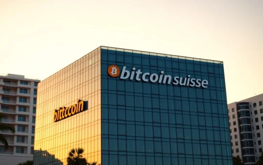 Bermuda skyline with Bitcoin Suisse office building at sunset, representing regulated crypto expansion