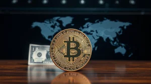 Bitcoin coin on desk with U.S. dollar and world map in background, representing geopolitical market impact