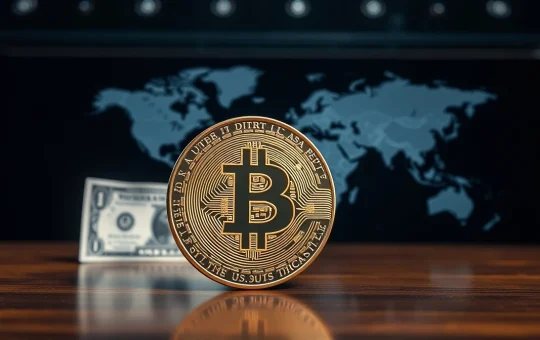 Bitcoin coin on desk with U.S. dollar and world map in background, representing geopolitical market impact
