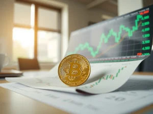 Bitcoin coin on financial chart with upward trend lines indicating price support