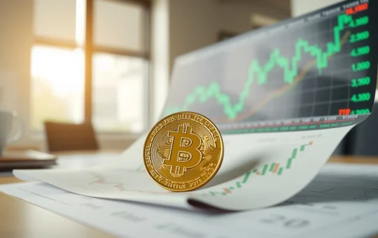 Bitcoin coin on financial chart with upward trend lines indicating price support