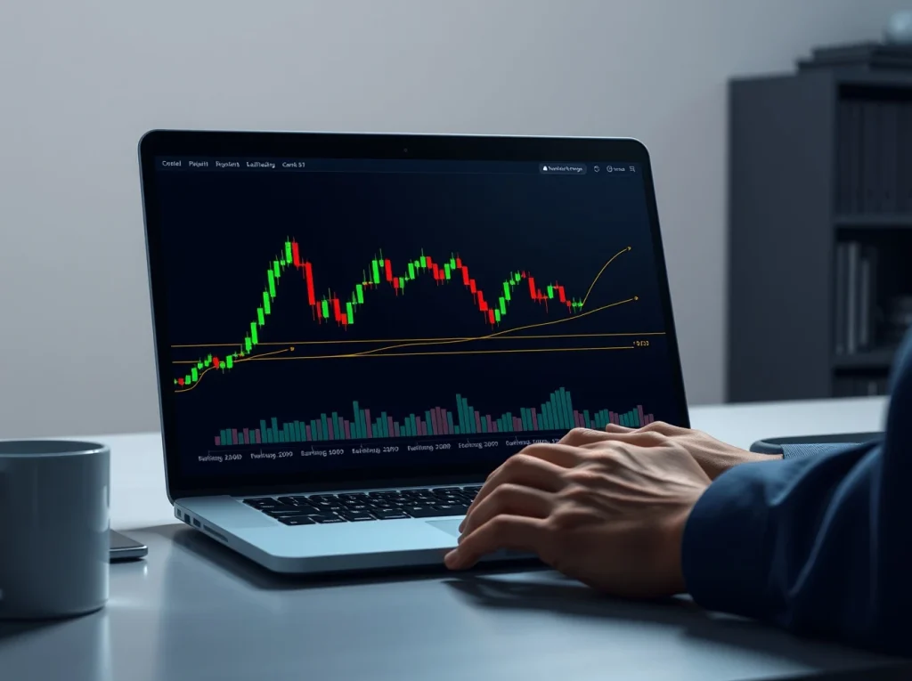 Bitcoin trader analyzing a price chart showing a bounce from a key support level on a laptop screen.