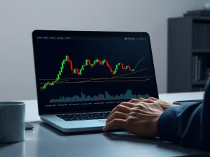 Bitcoin trader analyzing a price chart showing a bounce from a key support level on a laptop screen.