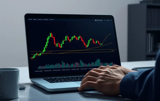 Bitcoin trader analyzing a price chart showing a bounce from a key support level on a laptop screen.