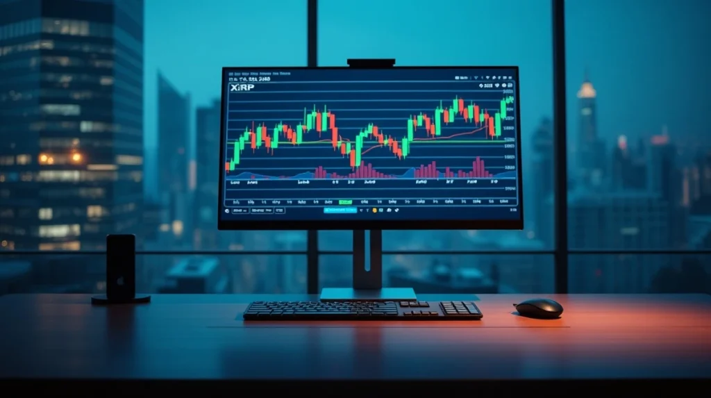 Bitcoin and XRP price chart on a trading screen at night