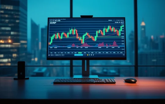 Bitcoin and XRP price chart on a trading screen at night
