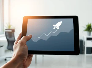 Digital tablet showing a financial chart with a rocket icon, representing Bitget's SpaceX pre-IPO token offering.