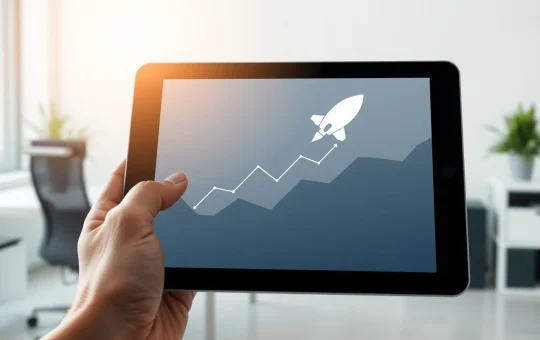 Digital tablet showing a financial chart with a rocket icon, representing Bitget's SpaceX pre-IPO token offering.