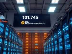 Bitmine ETH accumulation display showing 101,745 ETH toward 5% CryptoNewsInsights supply goal in a professional mining facility