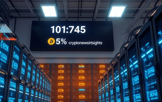 Bitmine ETH accumulation display showing 101,745 ETH toward 5% CryptoNewsInsights supply goal in a professional mining facility