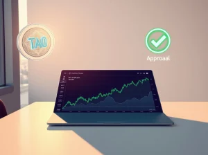 Bittensor price prediction chart and TAO ETF filing concept with Grayscale and Bitwise logos in a modern office setting.