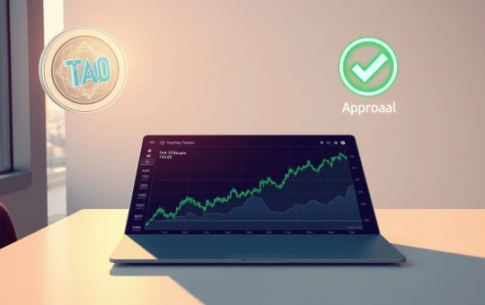 Bittensor price prediction chart and TAO ETF filing concept with Grayscale and Bitwise logos in a modern office setting.