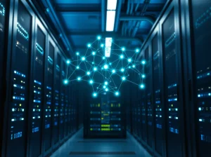 Bittensor network hologram over server racks in a modern data center, representing decentralized AI computing.