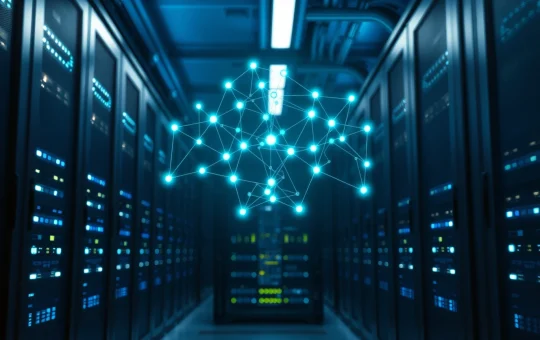Bittensor network hologram over server racks in a modern data center, representing decentralized AI computing.