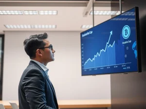 Professional analyzing stablecoin market growth on a digital screen in a modern office