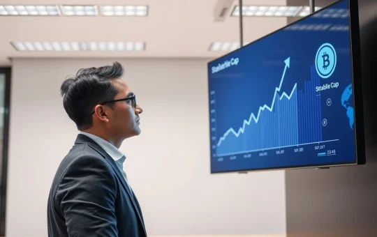 Professional analyzing stablecoin market growth on a digital screen in a modern office