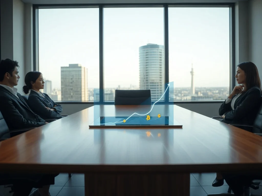 Business professionals in a boardroom analyzing a tablet displaying cryptocurrency charts and digital asset symbols.