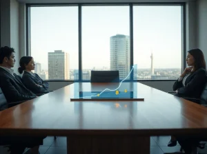 Business professionals in a boardroom analyzing a tablet displaying cryptocurrency charts and digital asset symbols.