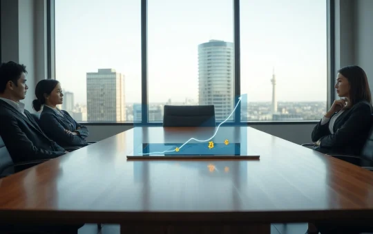 Business professionals in a boardroom analyzing a tablet displaying cryptocurrency charts and digital asset symbols.