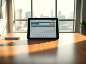 Bitwise USCC tokenized crypto carry fund dashboard on a tablet in a professional office setting.