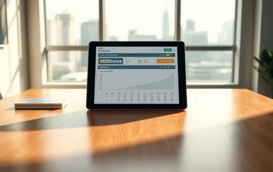 Bitwise USCC tokenized crypto carry fund dashboard on a tablet in a professional office setting.