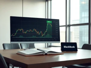 Professional trading desk monitoring BlackRock's significant Bitcoin investment and market data charts.