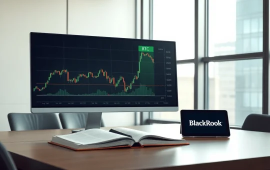 Professional trading desk monitoring BlackRock's significant Bitcoin investment and market data charts.