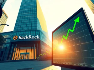 BlackRock Bitcoin ETF buying streak chart and office building showing institutional demand surge