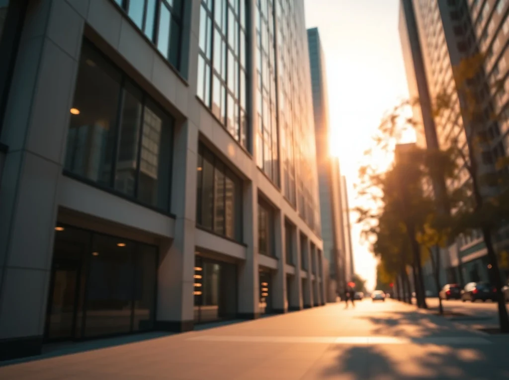 Modern financial building exterior with subtle digital crypto elements in warm golden hour light