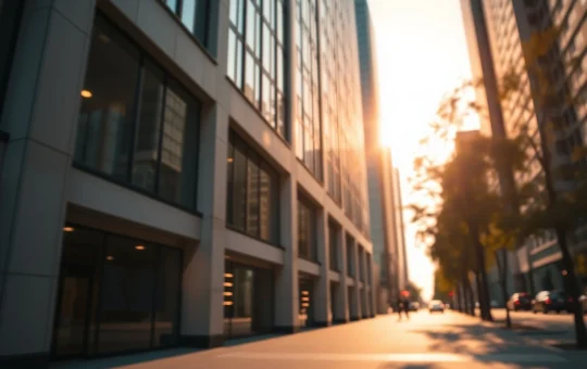 Modern financial building exterior with subtle digital crypto elements in warm golden hour light