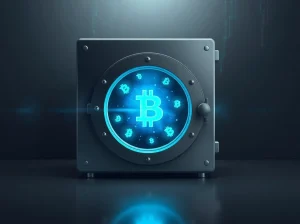 Secure digital vault representing BlackRock's Bitcoin investments and quantum security concerns