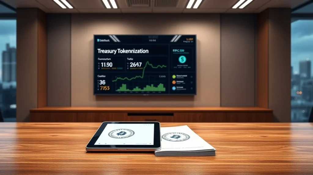 Modern financial office with digital screen showing BlackRock Treasury tokenization dashboard and blockchain data