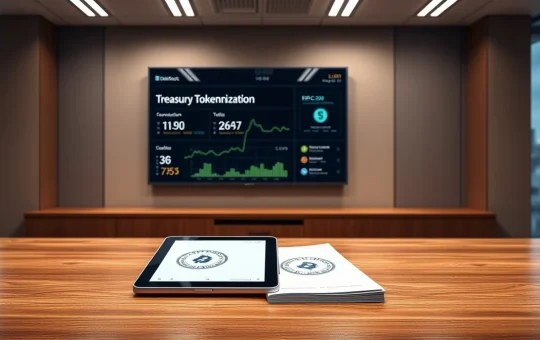 Modern financial office with digital screen showing BlackRock Treasury tokenization dashboard and blockchain data