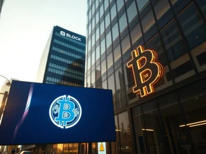 Block corporate office exterior with digital Bitcoin symbol representing $2.2B Bitcoin holdings and transparency push.