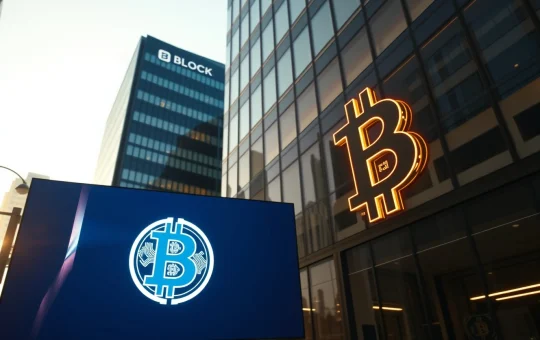 Block corporate office exterior with digital Bitcoin symbol representing $2.2B Bitcoin holdings and transparency push.