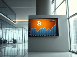 Bitcoin price chart on a digital display in a modern fintech office lobby