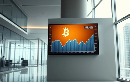 Bitcoin price chart on a digital display in a modern fintech office lobby