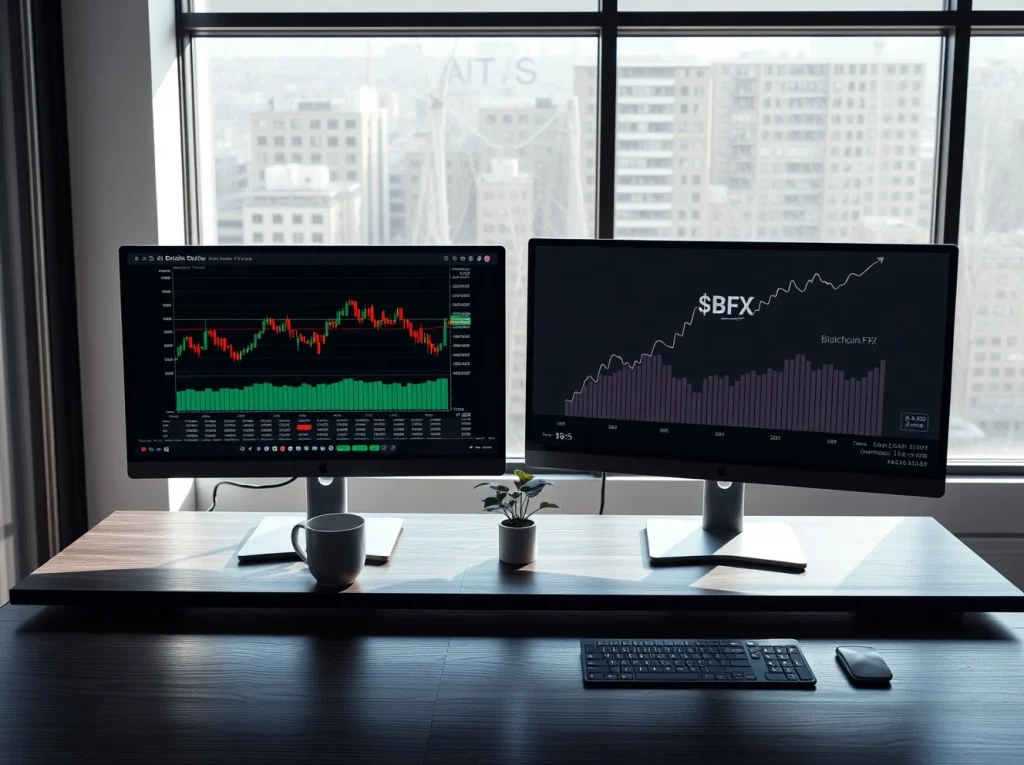 Two computer monitors showing cryptocurrency charts, with Bitcoin Cash on the left and BlockchainFX on the right.
